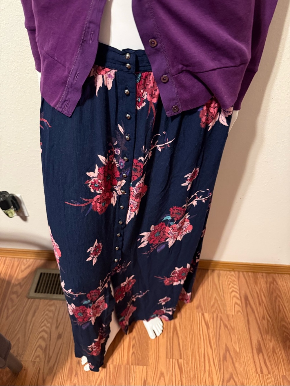 Westport Navy Maxi Skirt with Red Floral Print